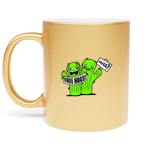Free Hugs Signs Cactus Sad Face Two Cacti Friends Metallic Mugs
