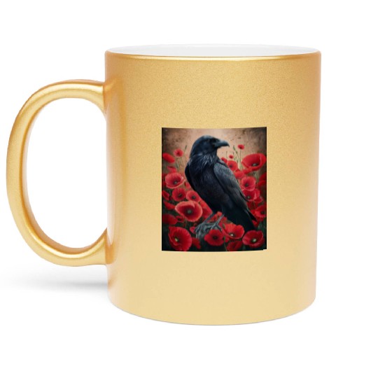 Raven Red Poppies Gothic Nature Art natural Metallic Mugs