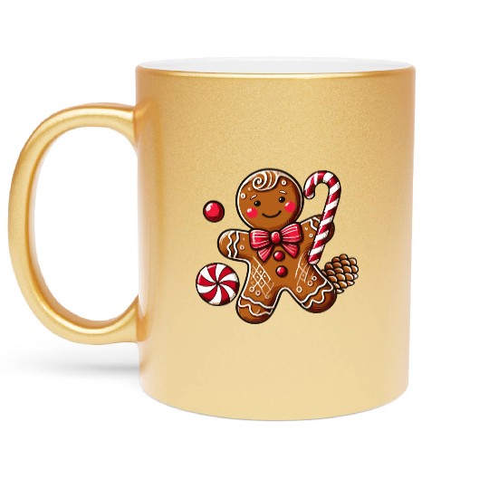 Happy gingerbread man with candy cane Metallic Mugs