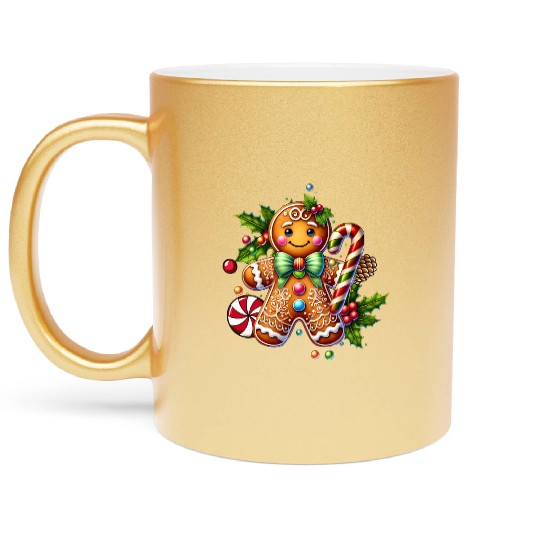 Happy gingerbread man with candy cane Metallic Mugs