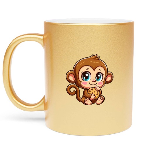 Cute Monkey Chimpanzee eating cookies cartoon Metallic Mugs