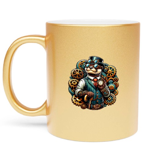 Steampunk Otter with Gears and Clock Metallic Mugs
