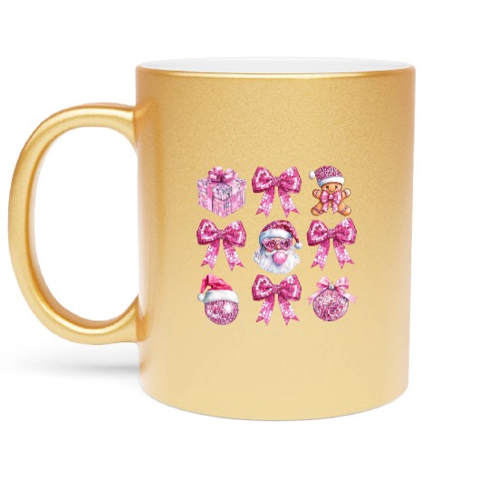 Coquette Pink Bow Santa, Merry Christmas Metallic Mugs