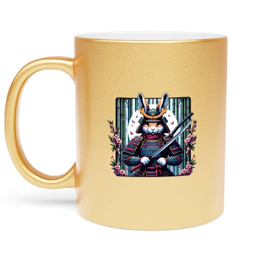 Samurai Rabbit with Katana and Cherry Blossoms Metallic Mugs