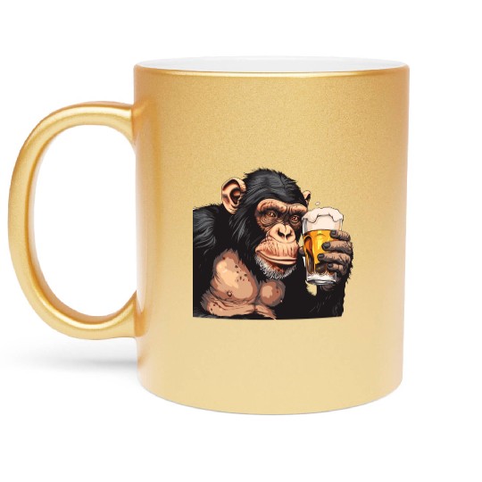 Cute Chimpanzee Drinking Beer 2 Metallic Mugs