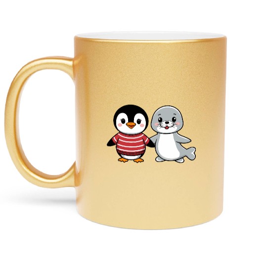 Penguin and Seal Friends holding hands Metallic Mugs