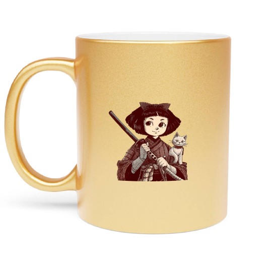 Chibi Samurai Warrior Cat Companion & Blossoms Metallic Mugs