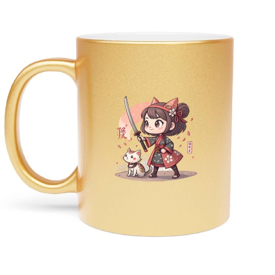 Adorable Anime Samurai Girl: Cat & Katana Design Metallic Mugs