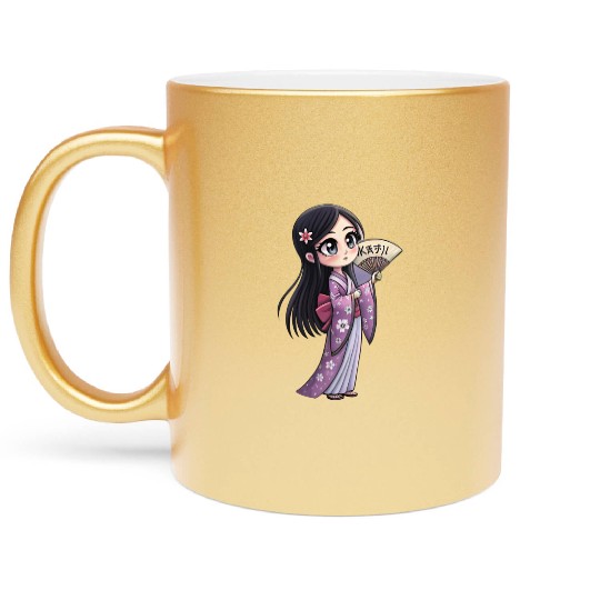 Cute Chibi Geisha Anime Inspired Kimono Design Metallic Mugs