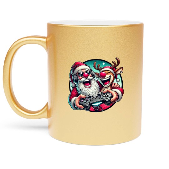 Funny Christmas Duo: Santa & Rudolph Gaming Metallic Mugs