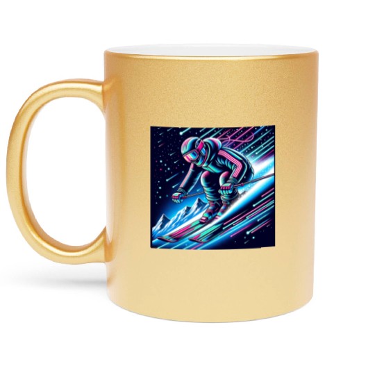 Neon Night Skiing Adventure Design Metallic Mugs