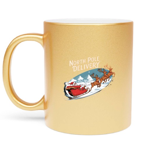 North Pole Delivery with Santa and Reindeer Metallic Mugs