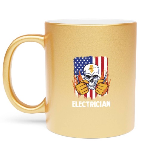Electrician Skull with American Flag Background Metallic Mugs