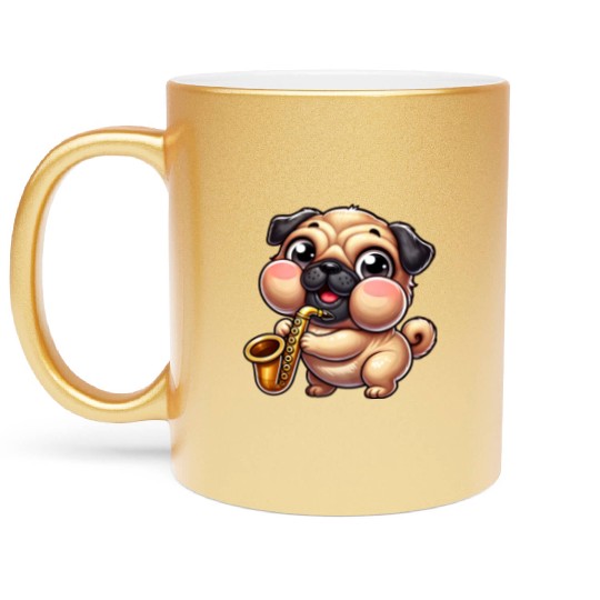 Cute Pug Saxophone Musician Cartoon Jazz Metallic Mugs