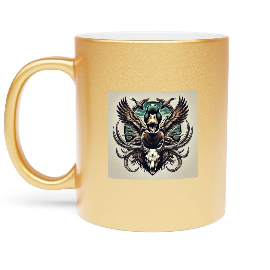 Mallard duck flying over deer skull in marsh Metallic Mugs