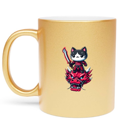 Samurai Cat with Sword on Dragon in Epic 3D Effect Metallic Mugs