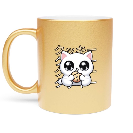 Cute Cat Japanese Kawaii Anime Cat with Cookie Metallic Mugs