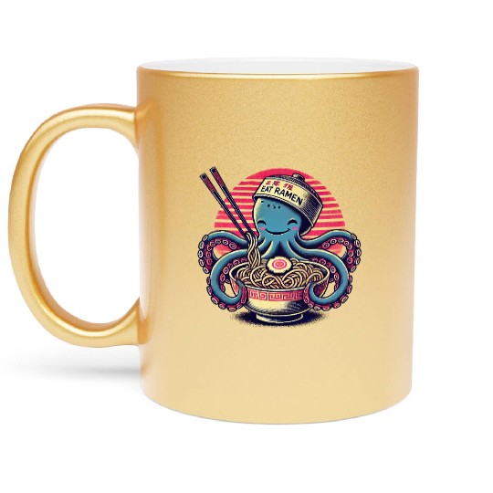 cute monster octopus eat ramen japanese style Metallic Mugs