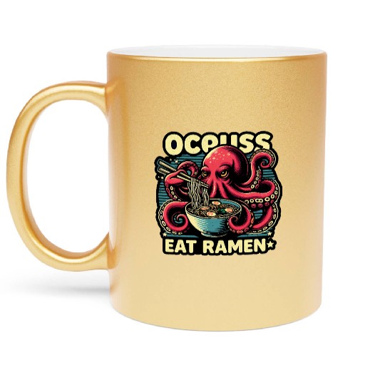 giant monster octopus eat ramen lover noodle bowl Metallic Mugs