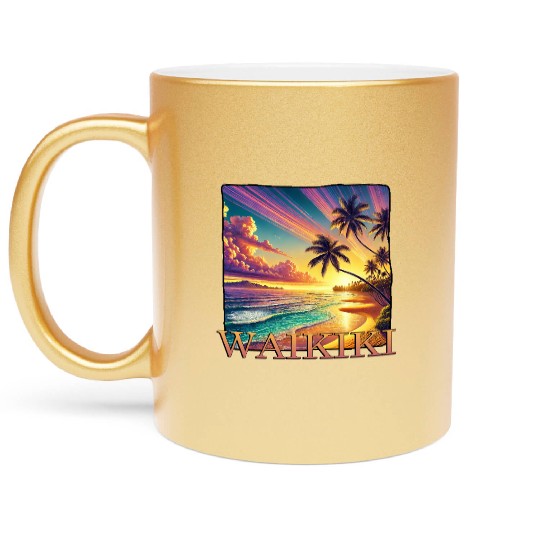 Waikiki Beach Sunset Palm Trees Sea Metallic Mugs
