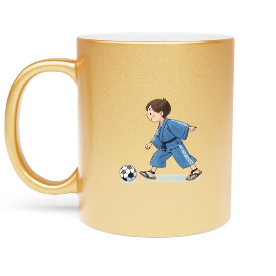 Boy in kimono playing soccer Metallic Mugs