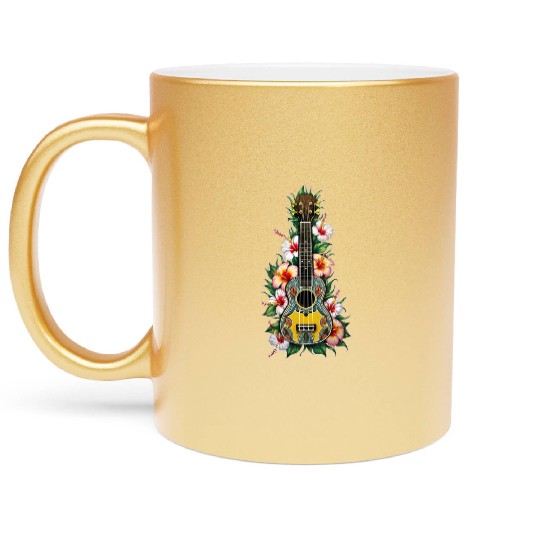 Ukulele with hibiscus flowers AI Metallic Mugs