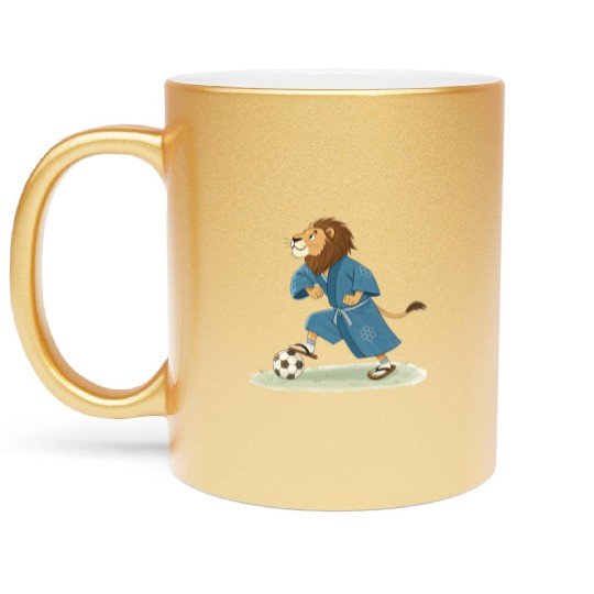 Lion playing soccer in karate kimono Metallic Mugs