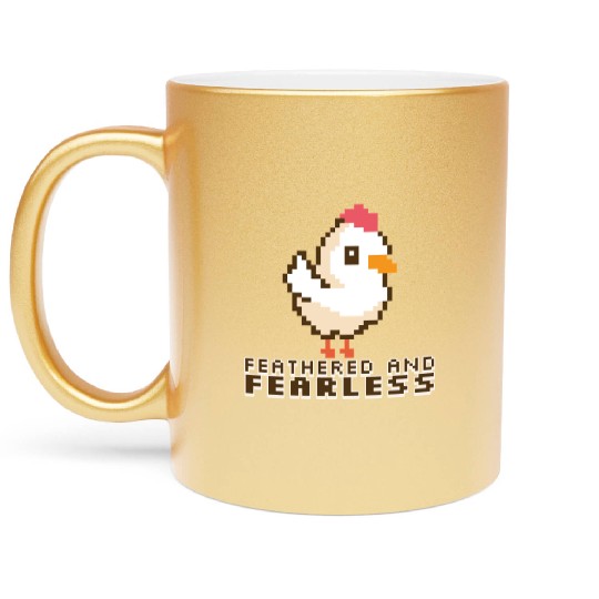 Feathered and Fearless: Bold 8-Bit Chicken Metallic Mugs