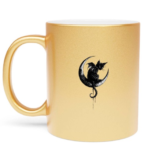 Cat With Bat Wings Sitting On Crescent Moon Goth Metallic Mugs