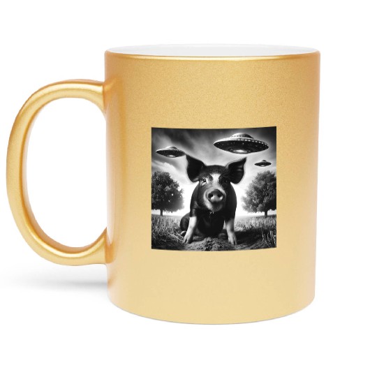 Pig piggy piglet Funny Graphic Selfie with UFOs We Metallic Mugs