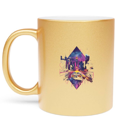 Retro Car Vaporwave City Synthwave 80s 90s Metallic Mugs