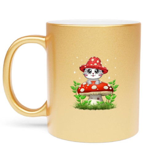 Cat Mushroom Cute Cottagecore Aesthetic Metallic Mugs