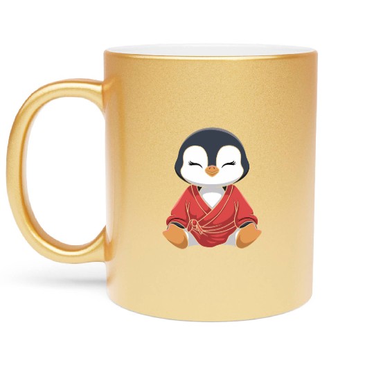 Zen Penguin Meditation in Kimono Attire Metallic Mugs