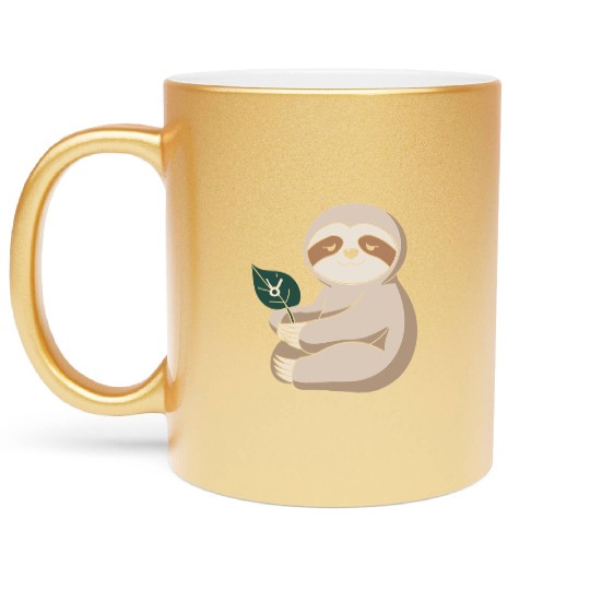 Taurus Zodiac Sloth Holding Leaf Metallic Mugs