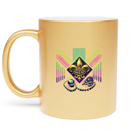 Mardi Gras Retro Synthwave Mask Neon Vibes Metallic Mugs