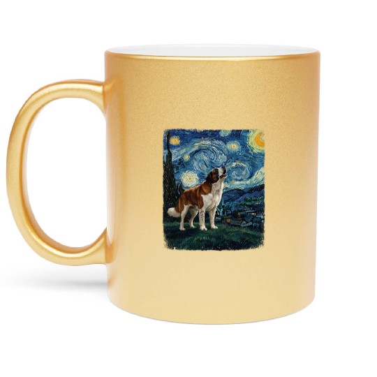 Saint Bernard Howling At Moon Starry Night Van Gog Metallic Mugs