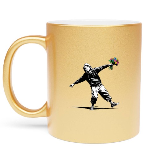 Banksy Protester Throwing Flowers Metallic Mugs