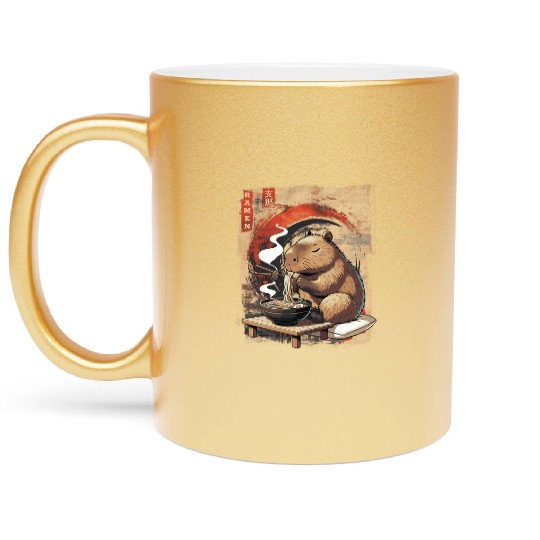 Cute Kawaii Capybara Eating Ramen Japanese Metallic Mugs