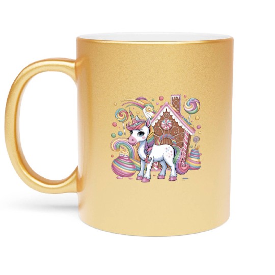 Candy Unicorn and Gingerbread House Wonderland Metallic Mugs