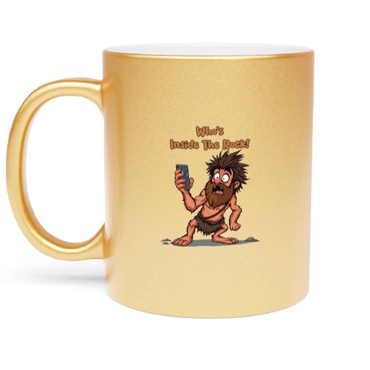Funny Caveman – Stone Age Meets Modern Technology Metallic Mugs