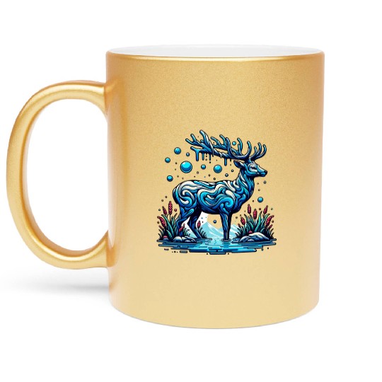 Majestic Blue Deer in Enchanted Forest Metallic Mugs