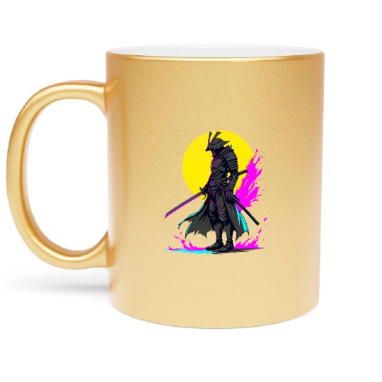 Cyberpunk Samurai Warrior Neon Art Design Metallic Mugs