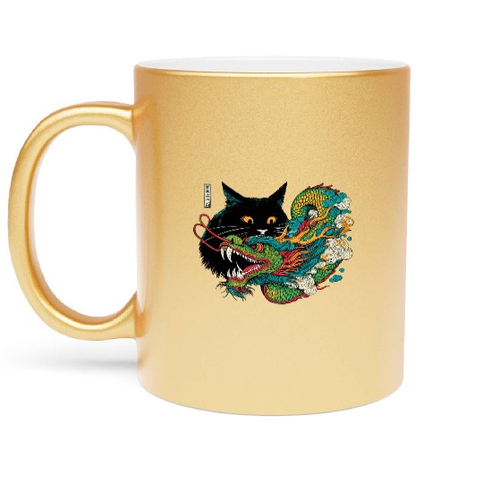 Ukiyo-e Black Cat Chinese Dragon Metallic Mugs