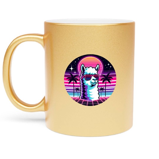 Retro Neon Llama with Sunglasses Vibes Metallic Mugs