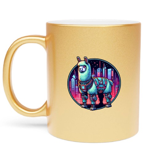 Futuristic Cyberpunk Llama in Neon Cityscape Metallic Mugs