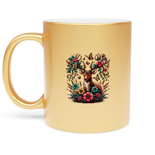 Floral Deer with Butterflies and Blossoms Metallic Mugs