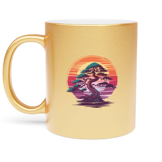 Bonsai Tree Sunset Zen Nature Relaxation Design Metallic Mugs