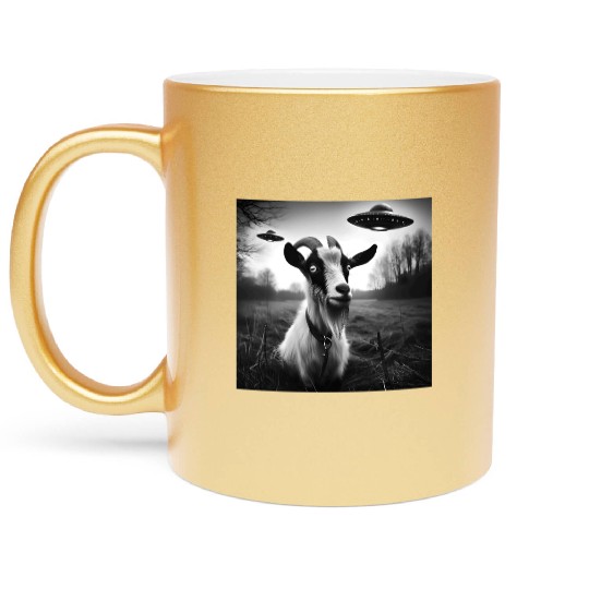 Goat buck, billy, does Funny Selfie with UFOs Weir Metallic Mugs