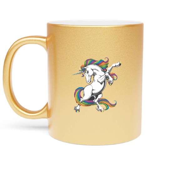 Majestic Rainbow Unicorn Prancing with Vibrant Metallic Mugs