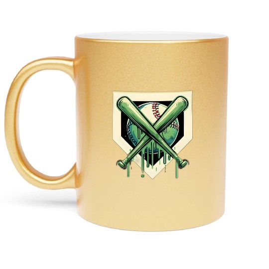 Baseball and Bat Dripping Green Metallic Mugs